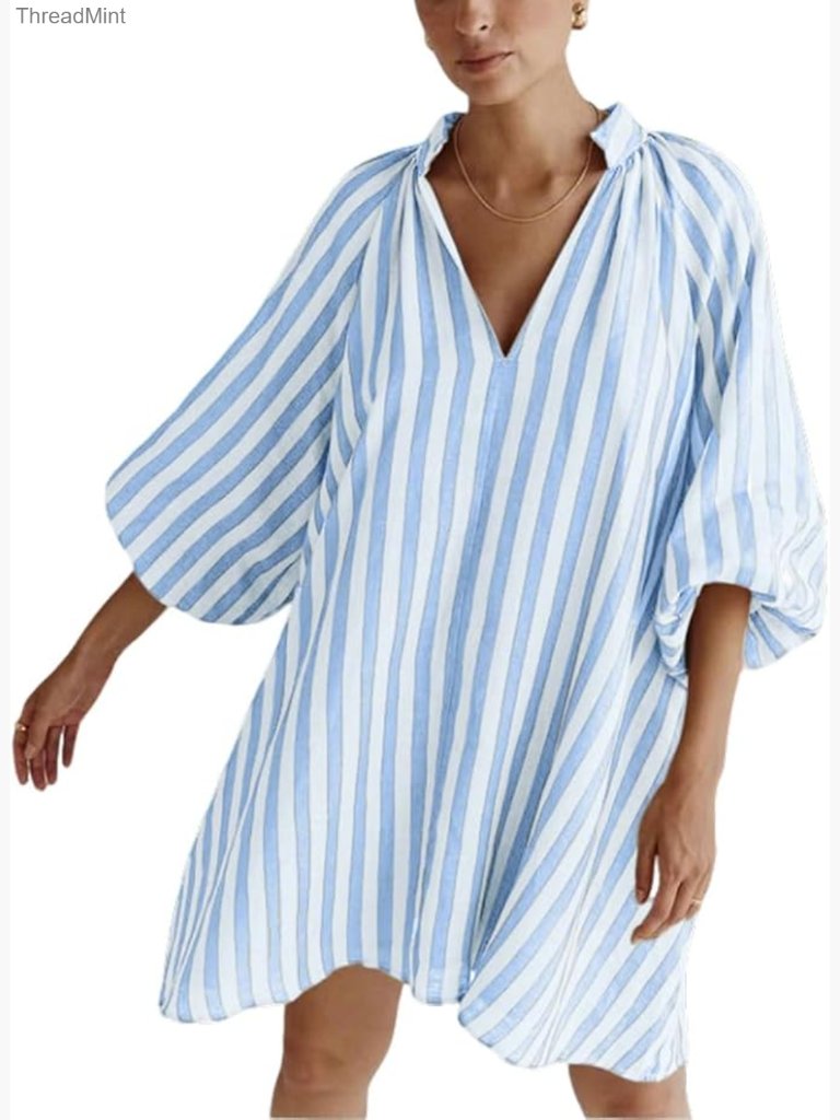Striped Cotton Linen Mini Dress 3/4 Sleeve Boho Casual Loose Fit
